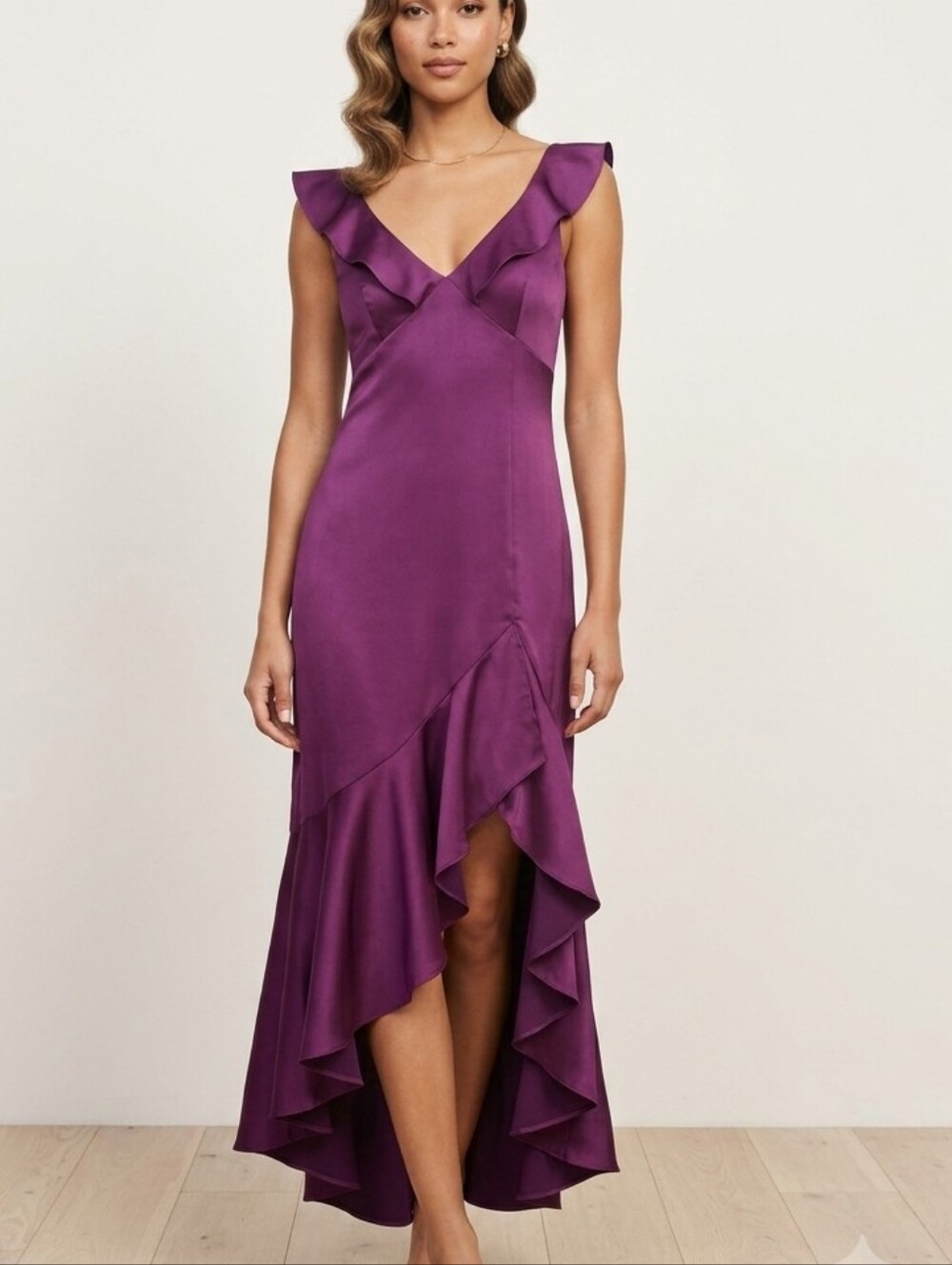 Express DEEP Burgundy Ruffle High-Low Satin Dress Sz Size 10